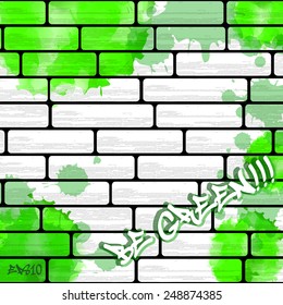 Graffiti wall background with green watercolor splashes, urban art