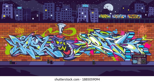 Graffiti Wall With Drawings At Night Against The Background Of The Cityscape Vector Illustration