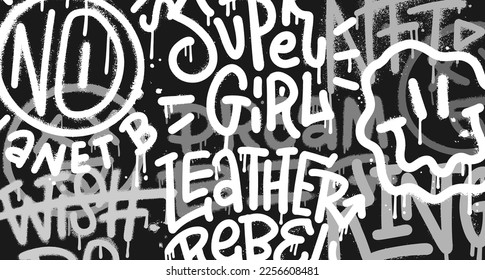 Graffiti wall horizontal background. Street art graffiti vector urban texture backdrop. Black, gray and white monochrome illustration