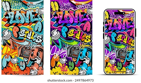 Graffiti wallpaper vector illustration. Vibrant and colorful street art urban graffiti illustration with scribbles, tagging, drips for wall art, wallpaper and many purposes.