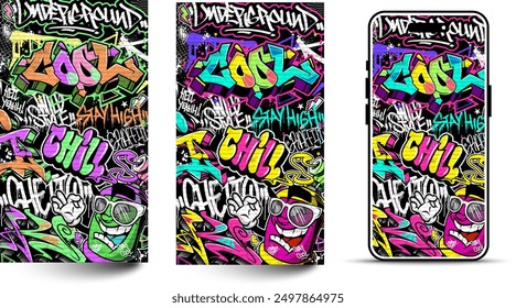 Graffiti wallpaper vector illustration. Vibrant and colorful street art urban graffiti illustration with scribbles, tagging, drips for wall art, wallpaper and many purposes.