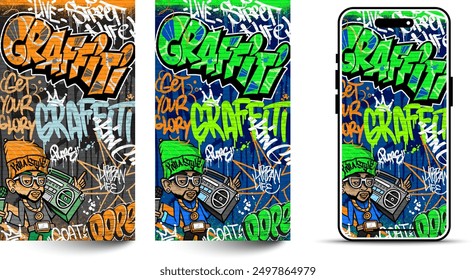 Graffiti wallpaper vector illustration. Vibrant and colorful street art urban graffiti illustration with scribbles, tagging, drips for wall art, wallpaper and many purposes.