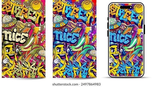 Graffiti wallpaper vector illustration. Vibrant and colorful street art urban graffiti illustration with scribbles, tagging, drips for wall art, wallpaper and many purposes.