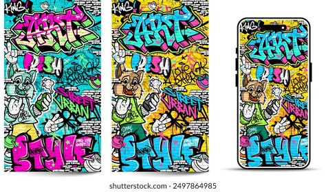 Graffiti wallpaper vector illustration. Vibrant and colorful street art urban graffiti illustration with scribbles, tagging, drips for wall art, wallpaper and many purposes.