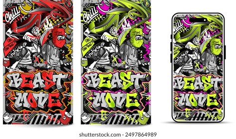 Graffiti wallpaper vector illustration. Vibrant and colorful street art urban graffiti illustration with scribbles, tagging, drips for wall art, wallpaper and many purposes.