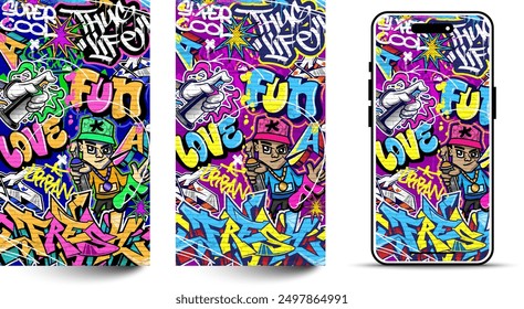 Graffiti wallpaper vector illustration. Vibrant and colorful street art urban graffiti illustration with scribbles, tagging, drips for wall art, wallpaper and many purposes.