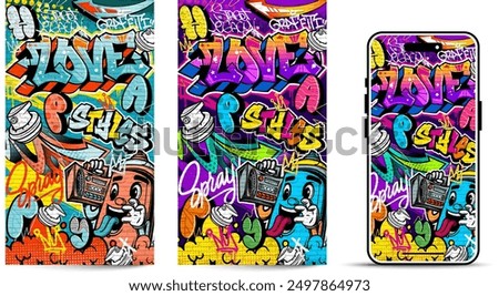 Graffiti wallpaper vector illustration. Vibrant and colorful street art urban graffiti illustration with scribbles, tagging, drips for wall art, wallpaper and many purposes.