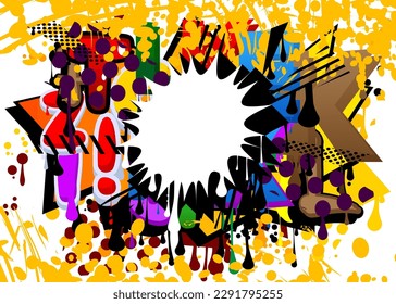 Burbuja de discurso blanco de graffiti con sombra negra sobre fondo colorido. Resumen de arte callejero moderno con un estilo de pintura urbana.
