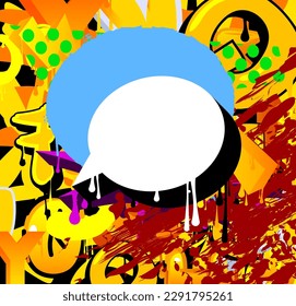 Graffiti white speech bubble with black shadow on colorful background. Abstract modern street art backdrop performed in urban painting style.