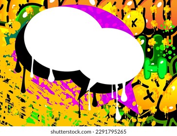 Burbuja de discurso blanco de graffiti con sombra negra sobre fondo colorido. Resumen de arte callejero moderno con un estilo de pintura urbana.