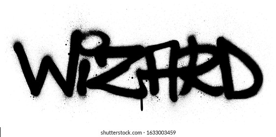 graffiti wizard word sprayed in black over white