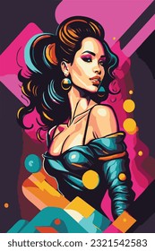 Graffiti woman vector illustration. Pop art modern graphic design. Cartoon style of colorful urban artwork. Beautiful young lady. Spray paint fashion poster. Street art. Cool strong fashion female.