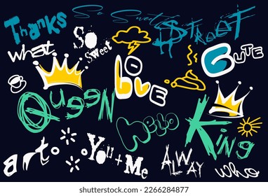 Graffiti words and elements, street art with spray paint drips. Abstract urban wall scribbles savage vector