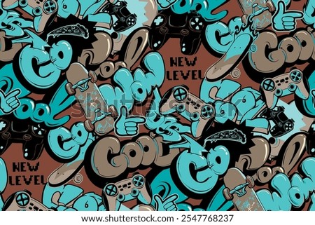 Graffiti words seamless pattern with skateboard, gamepad for kids, teenagers textile, fashion clothes, wrapping paper. Repeated print with graffiti text Cool, wow, go.