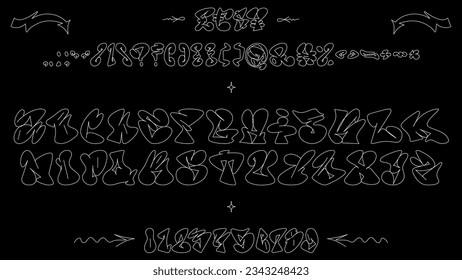 Graffiti Y2K alphabet. Trendy line typeface design. The stroke thickness can be adjusted. The set includes 26 letters, 10 numbers, 27 punctuation marks, 4 currency symbols, 7 stickers.