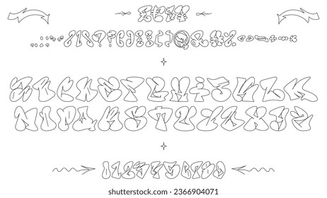 Graffiti Y2K alphabet. Trendy line typeface design. The stroke thickness can be adjusted. The set includes 26 letters, 10 numbers, 27 punctuation marks, 4 currency symbols, 7 stickers.