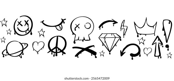 Graffiti y2k groovy tattoo hand drawn paint with splatter street drawing seamless border. Heart, smile arrow elements, ink print. Trendy splash brush illustrations.