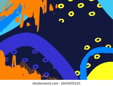 Graffiti-inspired abstract background with bold blue lines, orange paint drips, and dotted textures. Energetic urban vibe perfect for poster, apparel, or web design.