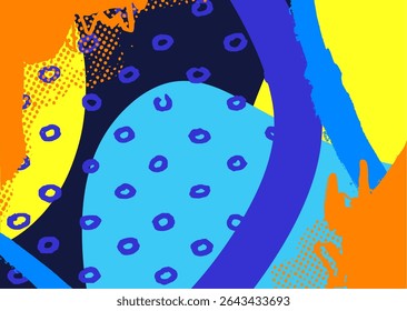 Graffiti-style abstract background with bold orange and blue brush strokes, layered paint splatters, and textured details. Perfect for street art and digital design.