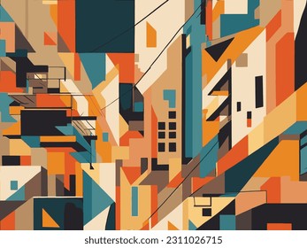 A graffiti-style abstract mural depicting a bustling city street, full of life and energy