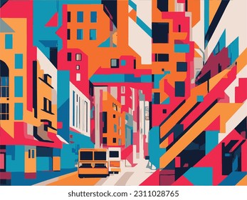 A graffiti-style abstract mural depicting a bustling city street, full of life and energy