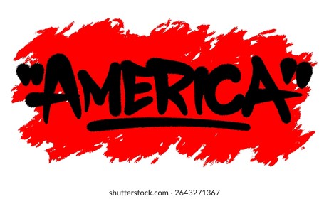 Graffiti-style AMERICA in black spray paint over soft red and transparent background. Urban look for freedom themes, apparel, posters, and hip hop street visuals.