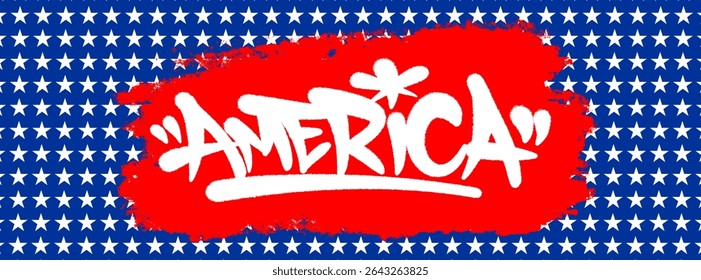 Graffiti-style AMERICA in bold spray paint texture with red, white, and blue. Perfect for patriotic visuals, street art lovers, and urban 4th of July celebrations.
