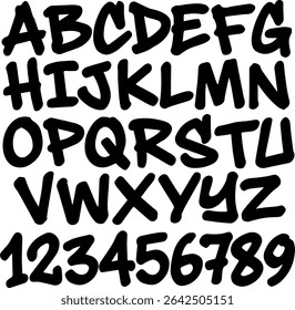 Graffiti-style stencil font with a distressed look. Vector alphabet and numbers, uppercase. Perfect for tags, street style designs, or urban projects.