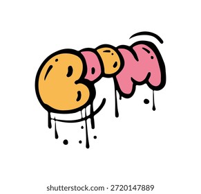 Graffito con letras de marcador, marcas tipográficas de colores brillantes aisladas con etiquetas con goteo en estilo de arte callejero de graffiti. Vector rociado pared de escritura de la fuente de auge en el rencor y los estilos de los vómitos