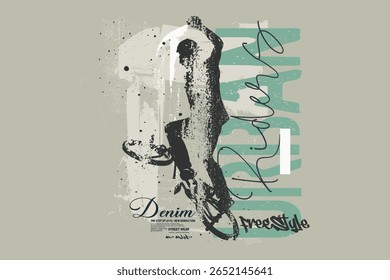 slogan de bicicleta graffityTee, com ilustração de bicicleta tees arte, gráfico slogan Rider, um homem montando uma arte bicicleta velha.