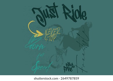 slogan de bicicleta de graffityTee, Apenas andar slogan gráfico, com ilustração de bicicleta tees arte, t camisa gráficos impressão vetor ilustração design, Tipografia urbana hipster rua arte para tees gráficos.eps8