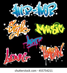 Graffity lettering Urban collection of art. Street style words: hip-hop, style, music, love, art. Wall painting. Vector Illustration