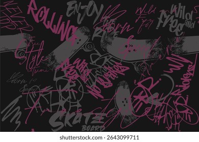 graffity sakate slogan, real skateboarder, art tees, Street art graffiti seamless pattern, skater abstract seamless grunge pattern. Urban style with skateboards and graffiti words.eps8