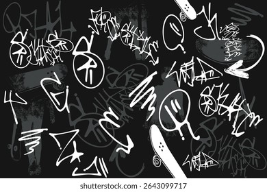 graffity sakate slogan, real skateboarder, black and white Street art graffiti seamless pattern, skater abstract seamless grunge pattern. Urban style with skateboards and graffiti words.eps8