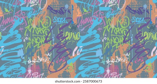 Graffity wall colorful tags seamless pattern, graffiti street art. Hand drawn style wallpaper. Calligraphy element for t-shirt textile print. Vector background