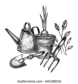 Grafic illustration of garden tools. Isolated on white background.