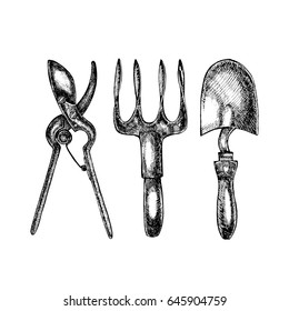 Grafic illustration of garden tools. Isolated on white background.