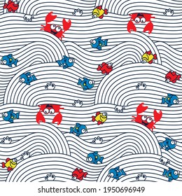 Grafic waves from stripes with fish and crabs. Sea seamless pattern. Vector illustraton.