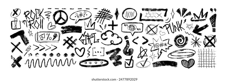 Grafitti charcoal punk symbols. Hand drawn doodle crayon stars, crown, curly lines. Black coal speech bubbles with swear words, insults or curses. Chalk pencil abstract scribbles, scrawls, check marks