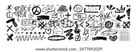 Grafitti charcoal punk symbols. Hand drawn doodle crayon stars, crown, curly lines. Black coal speech bubbles with swear words, insults or curses. Chalk pencil abstract scribbles, scrawls, check marks