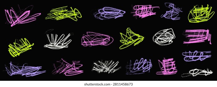 Grafitti neon scribble with crayon tangle and messy lines for poster or collage punk grunge design. Highlight brush grange in graffiti neon emphasis. Hand drawn vector pack of abstract shapes isolated