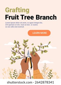 Grafting fruit tree branch gardening hands holding pruner cutting twig green leaves outdoor nature background web banner
