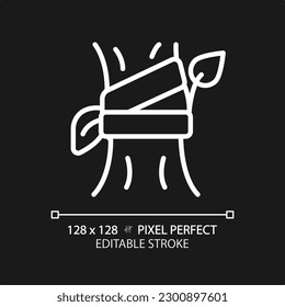 Grafting white linear icon for dark theme. Plant propagation. Vegetative reproduction. Fruit tree. Horticultural technique. Thin line illustration. Isolated symbol for night mode. Editable stroke