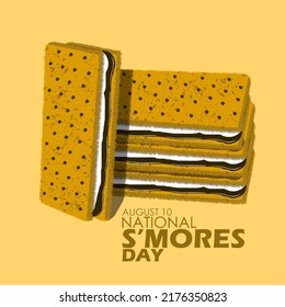 Graham cracker biscuits filled with melted marshmallows and chocolate which campers call S'mores with bold text on light brown background, National S’mores Day August 10