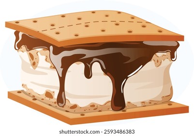 Graham Cracker Sandwich. Toasted Marshmallow and Melted Chocolate in between Crunchy Crackers. American Popular Camping Snack Detailed Illustration.