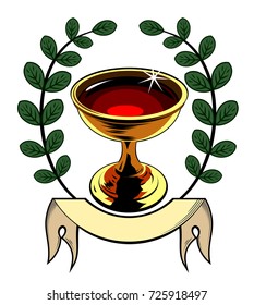 The Grail, with a banner and laurel branches. Old school tattoo style
	
