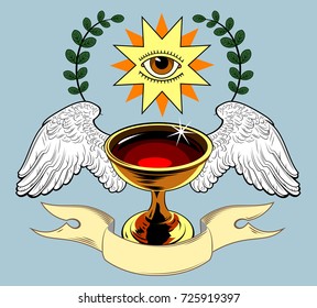 The Grail, with a banner, wings and laurel branches. Old school tattoo style
	
