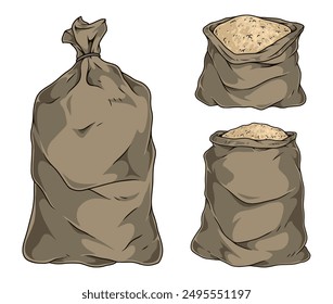 Grain in bags colorful set labels with open and closed bags with millet or wheat for making flour vector illustration