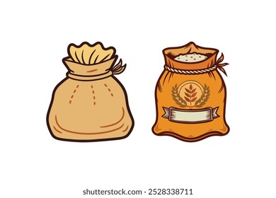 Bolsas de grano con conjunto de iconos de dibujos animados de saco de harina de trigo: el Clipart perfecto para una tienda de comestibles, agricultura e ilustraciones agrícolas