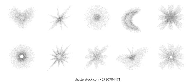 Körnige schwarze Farbverlauf-Stippling-Formen. Satz von gepunkteten Herzfiguren und Blumenelementen. Trendy Y2K mit Halbtoneffekten geometrische Sterne Symbol Designs. Vektorgradation Kornrauschen Form isoliert keine Bg.